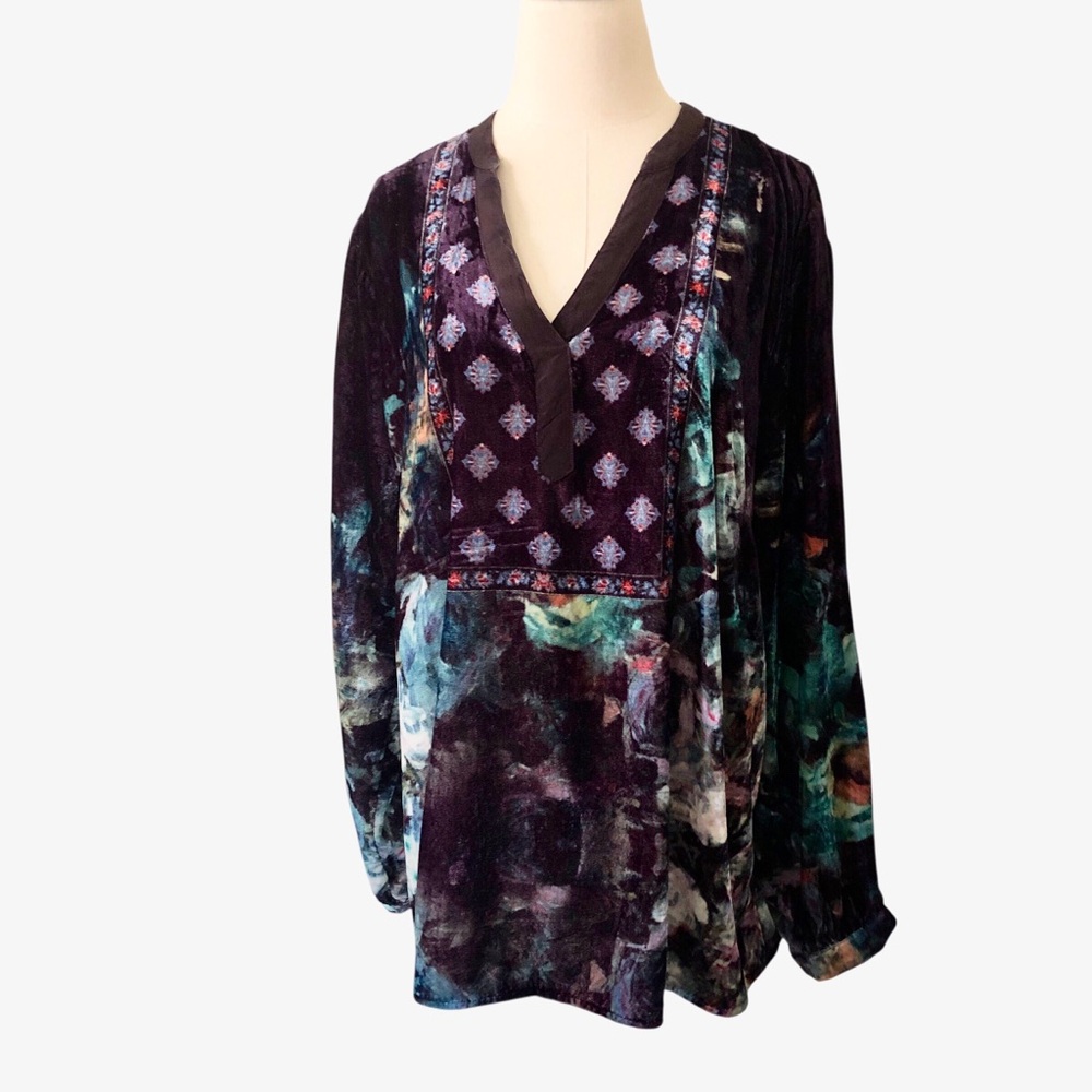 Soft Surroundings Velvet Tunic Top Purple Blue Tie Dye Long Sleeve V Neck Boho